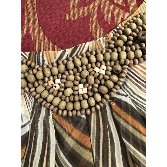 TRAVELSMITH Sheer Brown Feather Animal Print Beaded Collar Tunic Blouse Small - Picture 9 of 9
